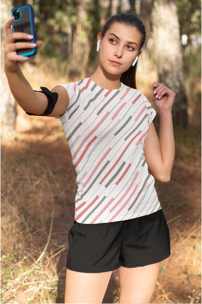 Abstract Pink and Grey Line Patterned T-Shirt